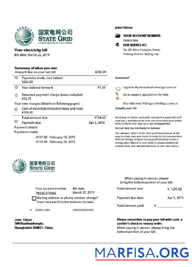 Blank China State Grid Corporation of China electricity utility bill real example